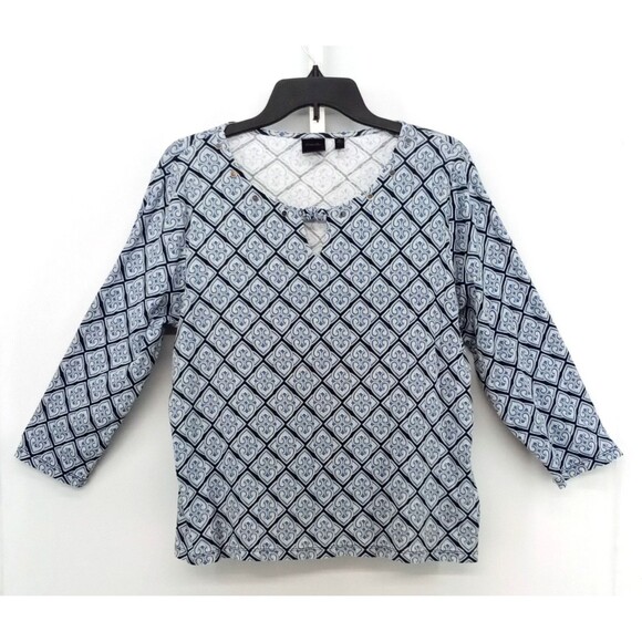 Rafaella Shirt Women Size XL Blue Geometric 3/4 Sleeve Keyhole Neck Casual Top - Picture 1 of 6